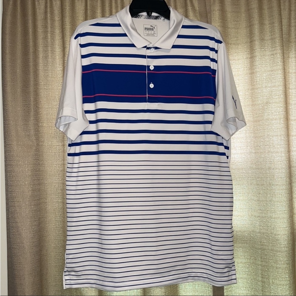 Puma Golf Men’s Large Spotlight Polo Shirt White, Blue, Red/Pink Stripes.